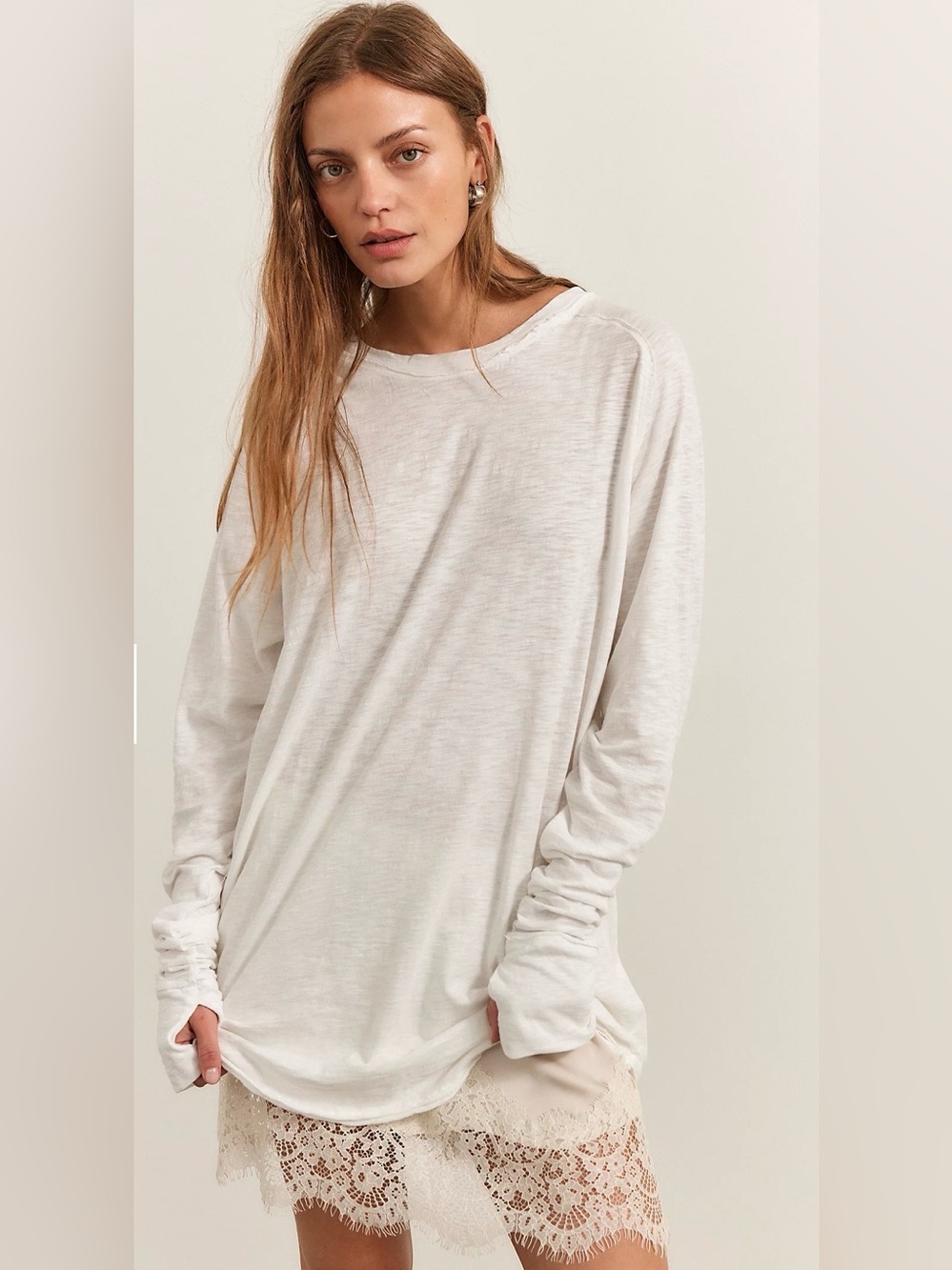 Free People We The Free Arden Oversized White Tee Top Thumbholes Long Sleeves LG